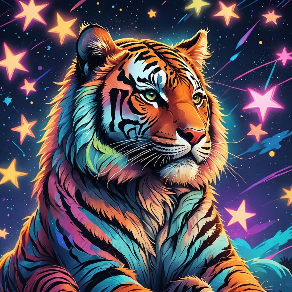 Neon Tiger Portrait in Whimsical Cartoon Style