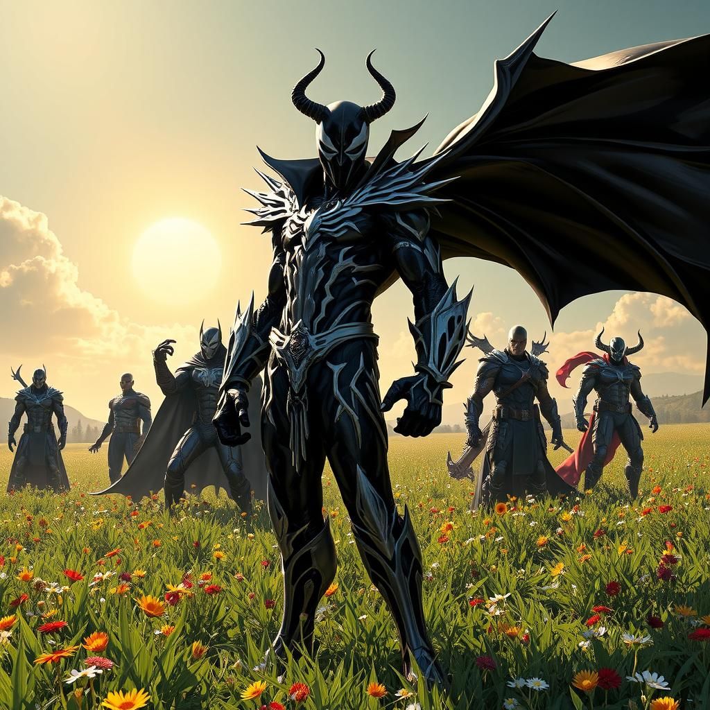 Spawn and The Avengers in a Lush Field