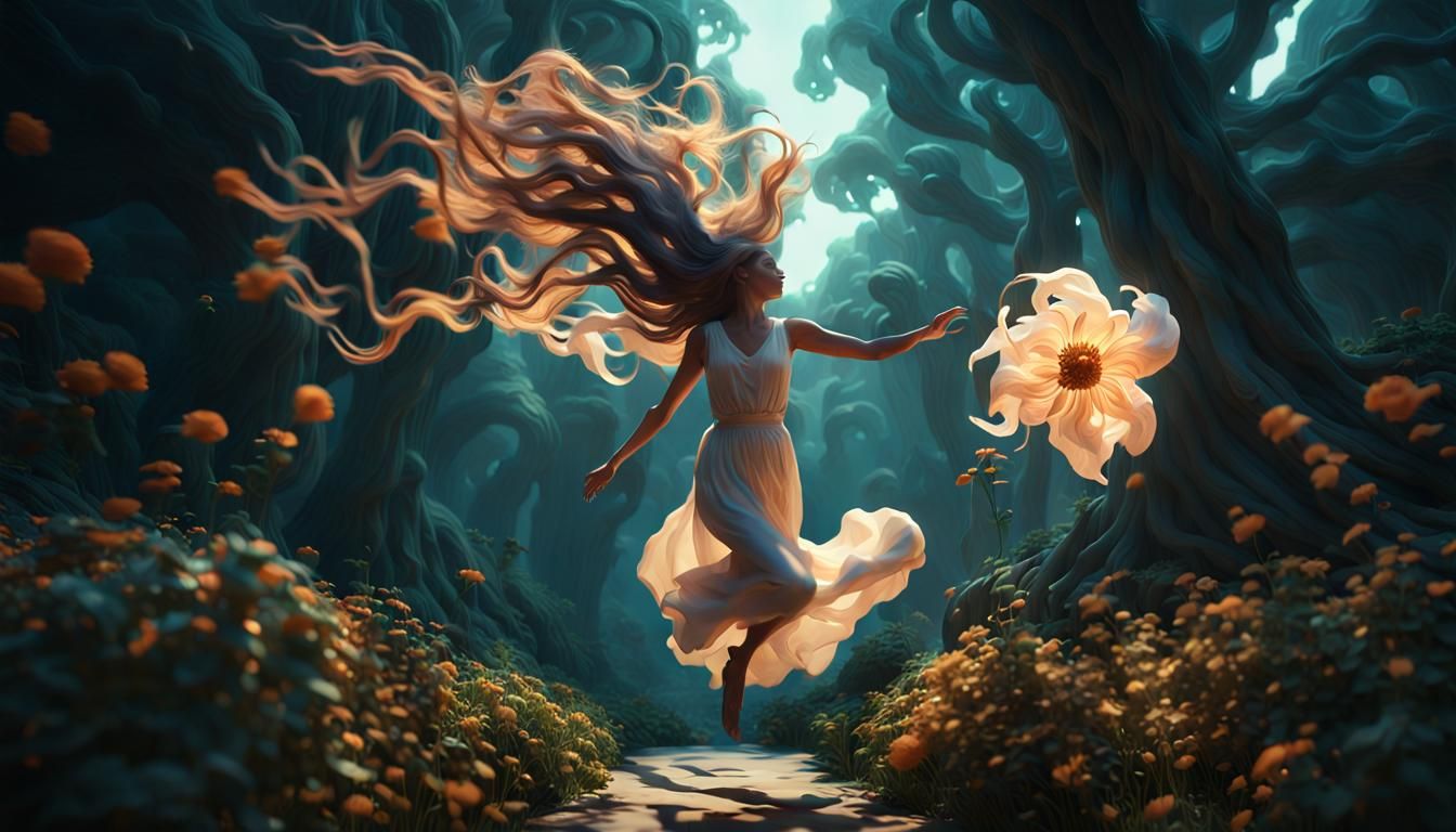 Ethereal Woman Leaping with Flower in Mystical Forest