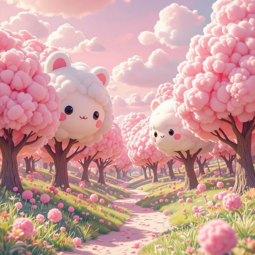 Kawaii Pastel Forest with Cotton Candy Trees