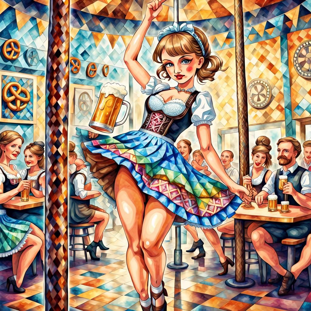 Bavarian Woman Pole Dancing at Oktoberfest in Psychedelic Ar...