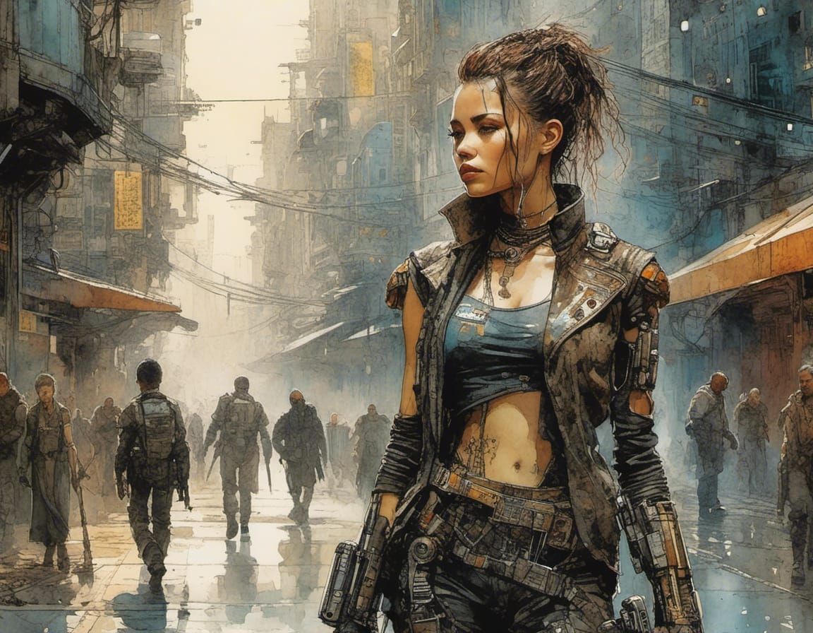 Cyberpunk Cyborg Bounty Hunter in Neon City