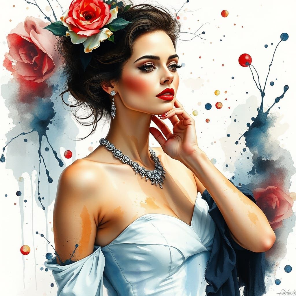 Elegant Woman in Paradoxical Environment, Watercolor Art