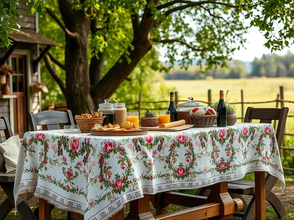 Victorian Outdoor Scene with Embroidered Tablecloth