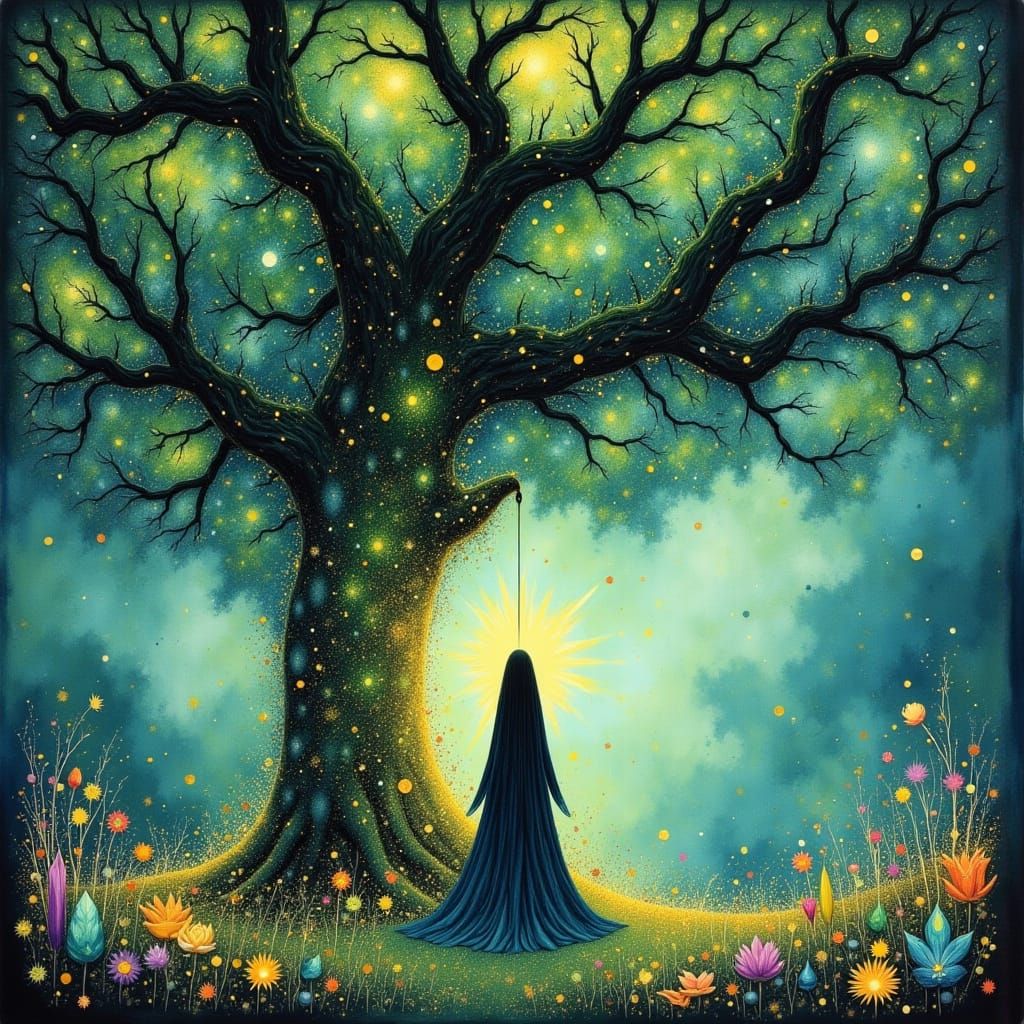 Mysterious Figure Before Ancient Tree in Ethereal Light