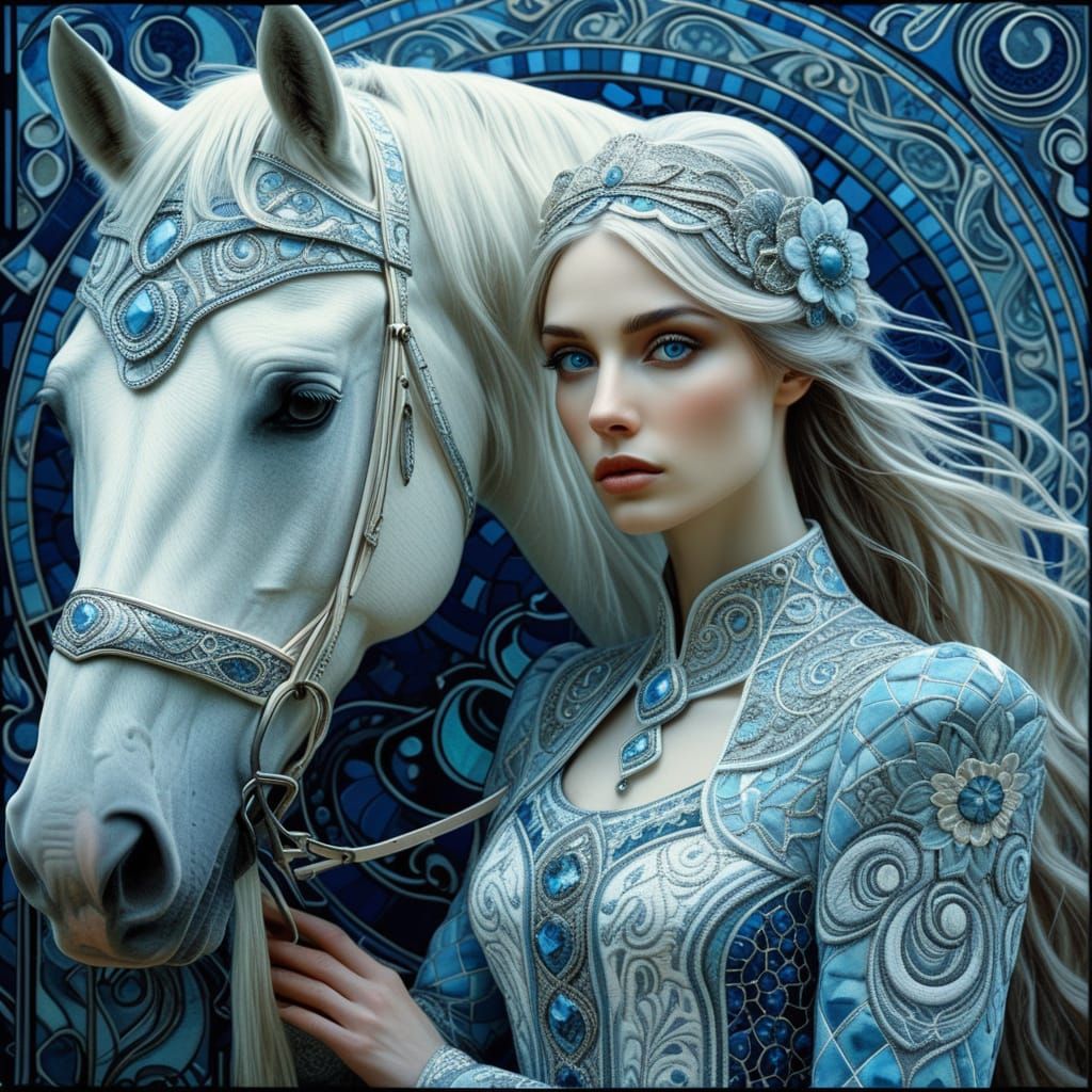 Art Nouveau Portrait of Woman with Horse, Intricate Patterns