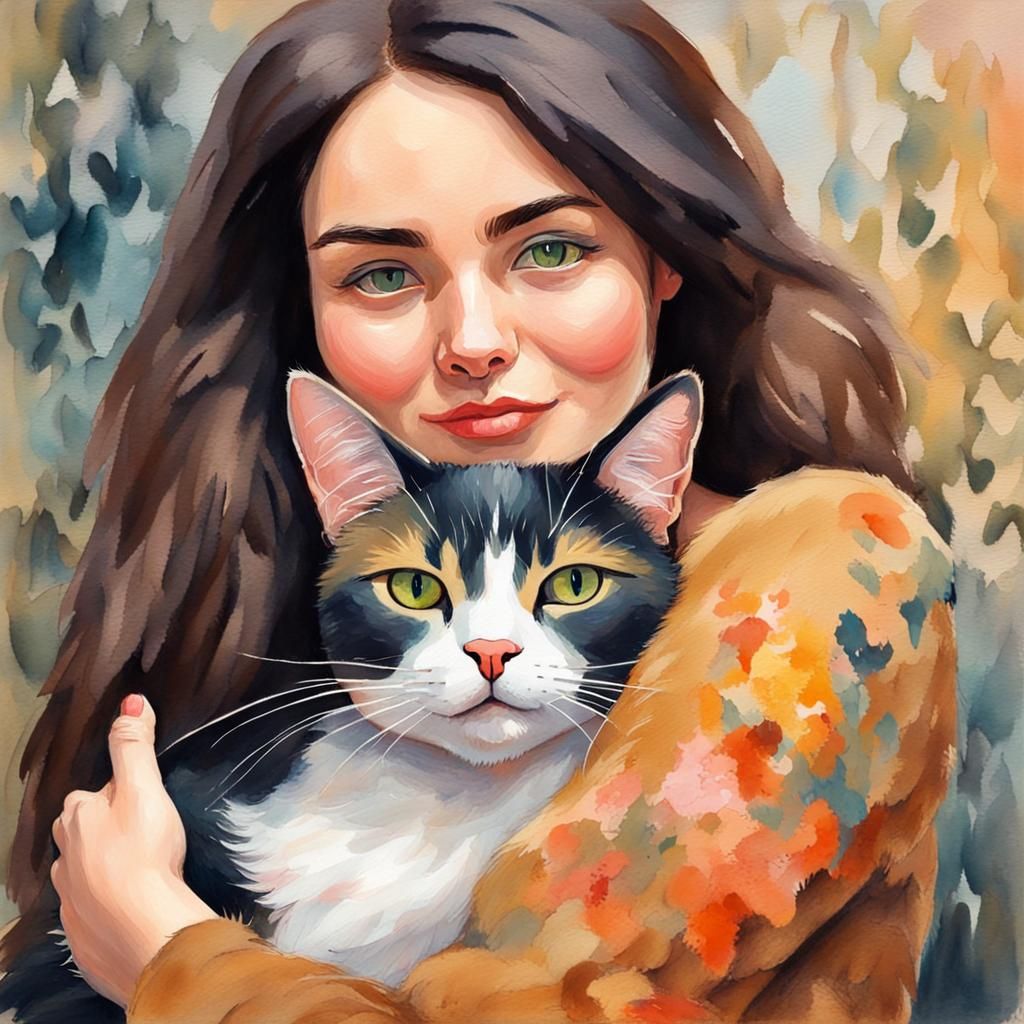 Brunette and Cat Cuddle in Gouache Style