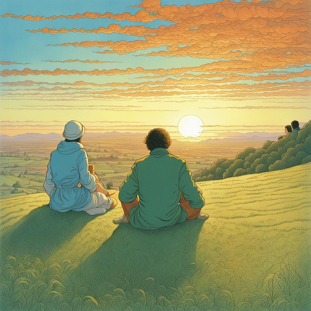 Couple Watching Sunset, Moebius Style Illustration