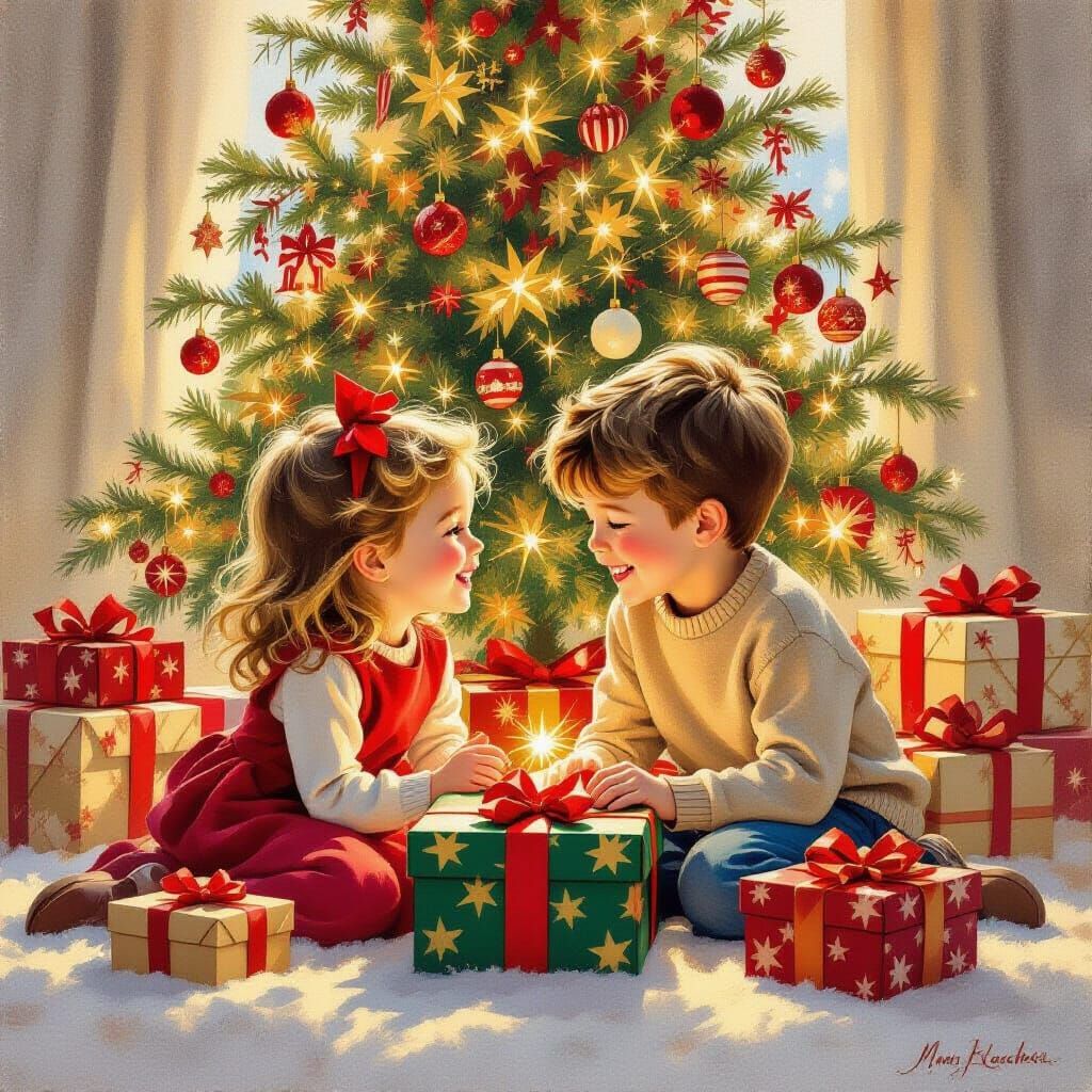 Joyful Christmas Morning Scene with Children and Gifts
