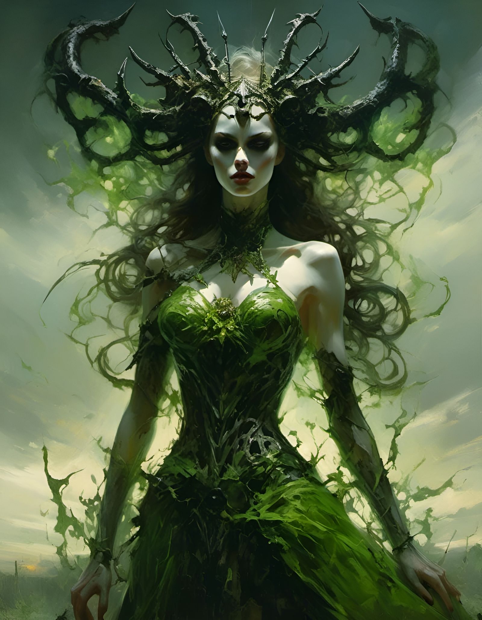 Woman in Emerald Plains with Godrays, Impasto Style