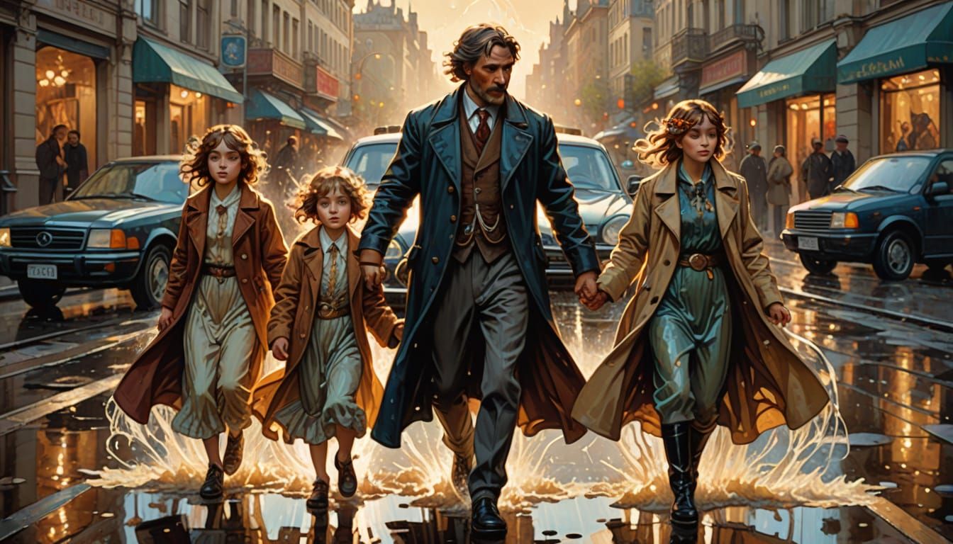 Man Shields Children from Splash, Mucha Style