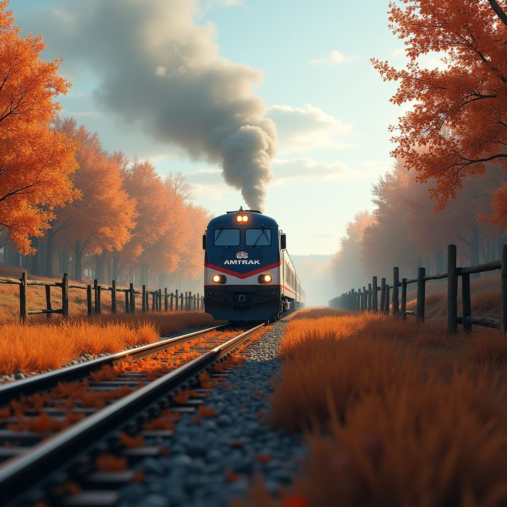 Amtrak Train in Autumn Landscape, Matte Painting