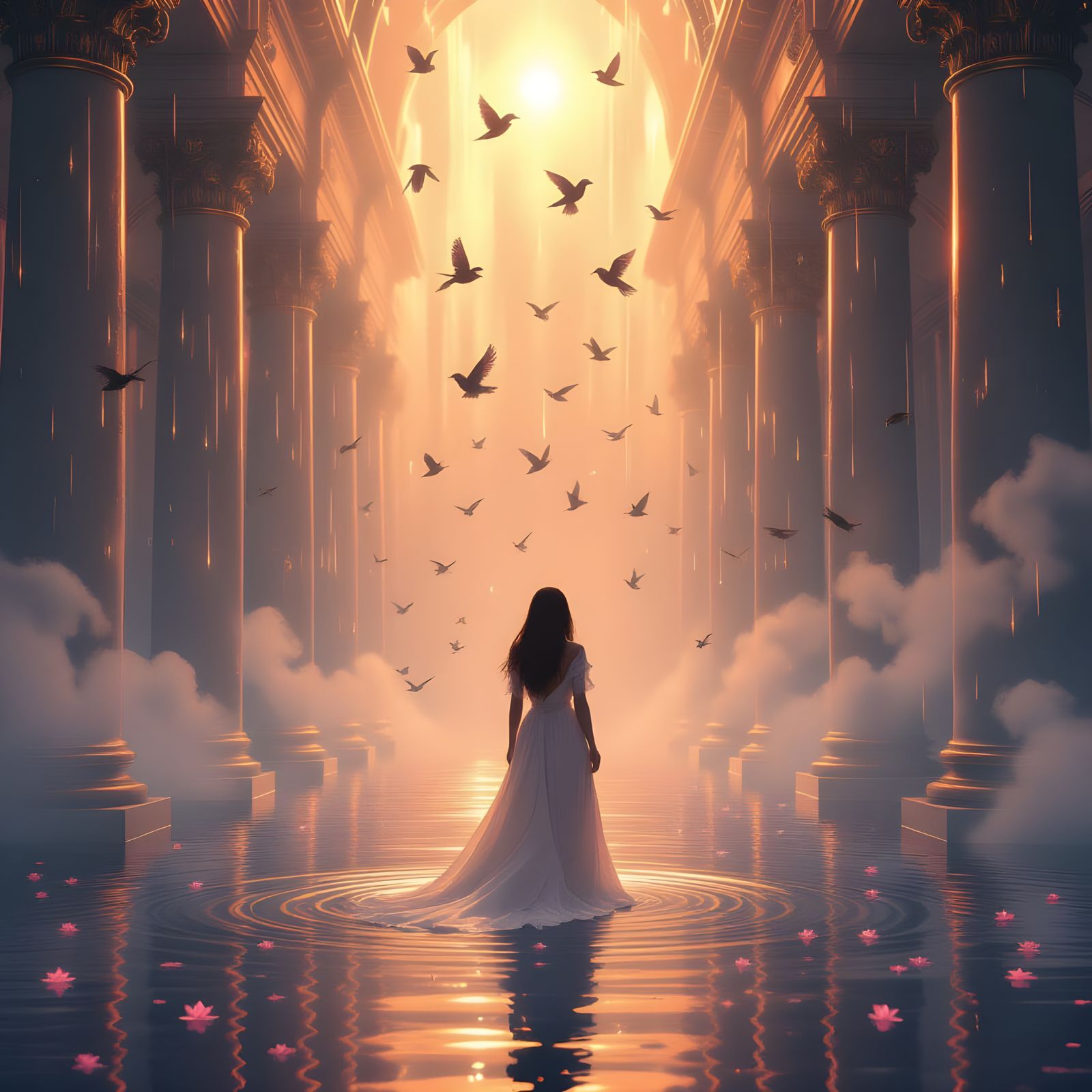 Ethereal Rain Cathedral with Golden Light