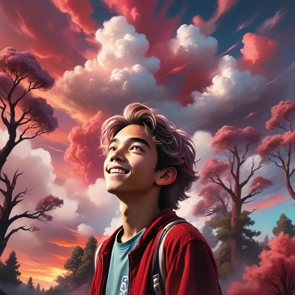 Teenager Gazes at Red Sky in Digital Painting