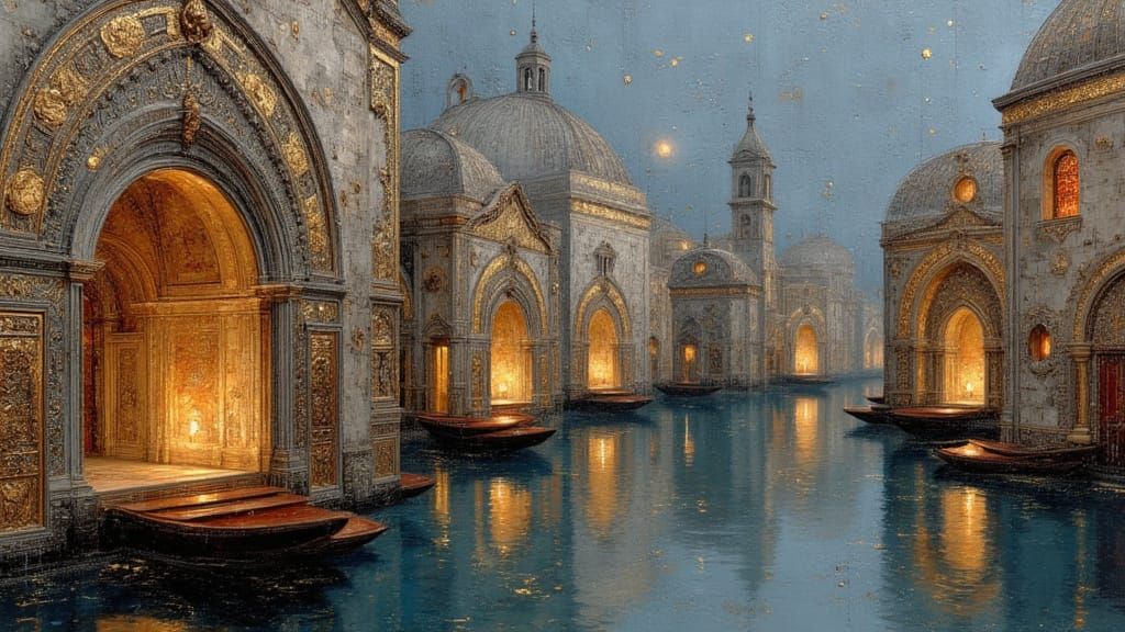 Venice Cityscape Oil Painting with Moonlight and Rustic Char...