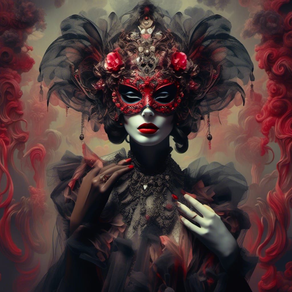 Neon Baroque Mask in Swirling Fog: Hyperrealistic 3D