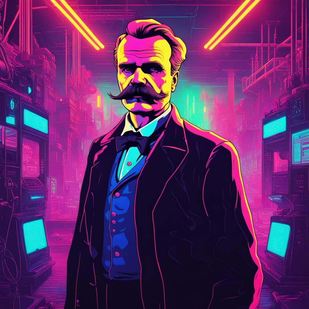 Nietzsche Portrait in Cyberpunk Neon Style