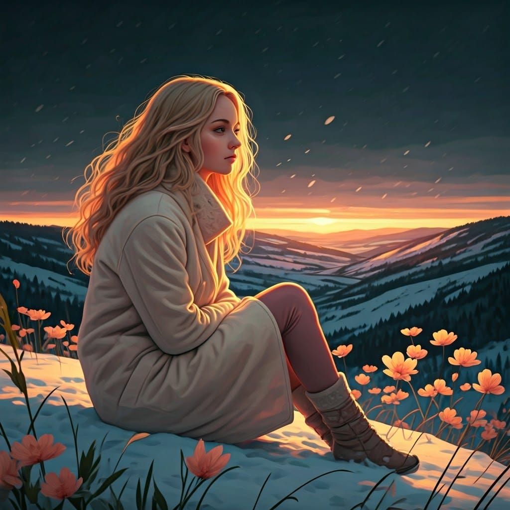 Serene Woman in Snowy Landscape with Wistful Beauty