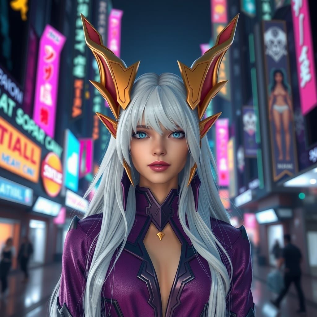 Gorgeous Demoness in Futuristic City: Hyperrealistic Digital...