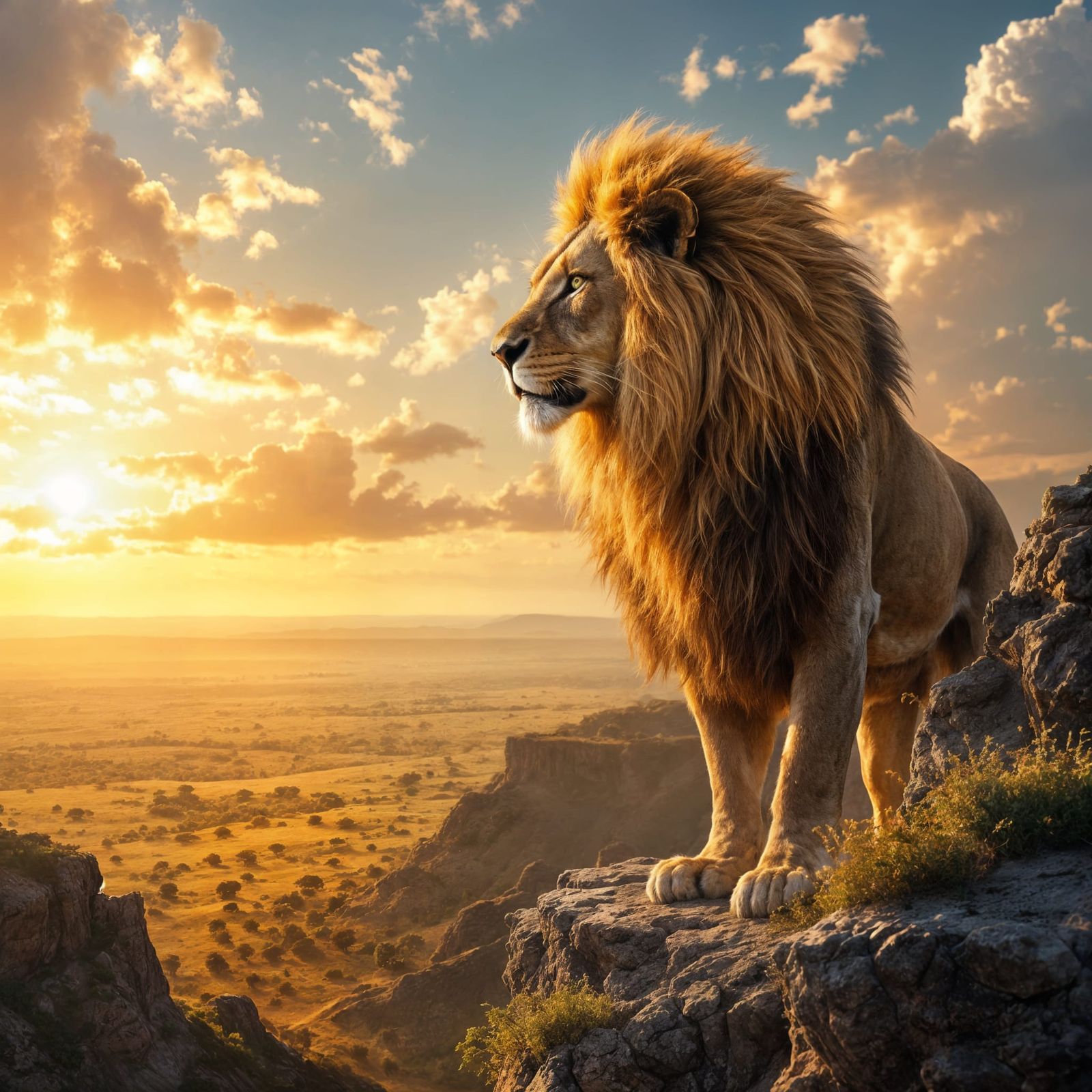 Majestic Lion Overlooking Savanna as Oil Painting