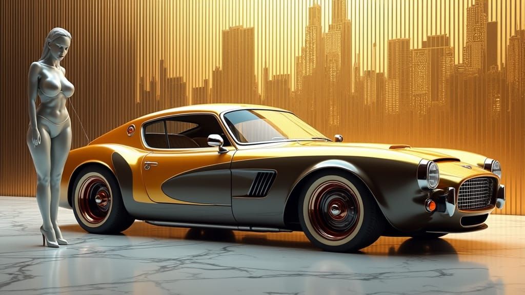 Platinum Woman Beside Retro Muscle Car in Cityscape