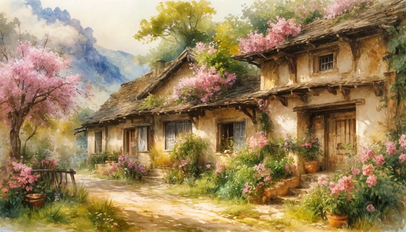 Rural Village Landscape in Impressionist Style