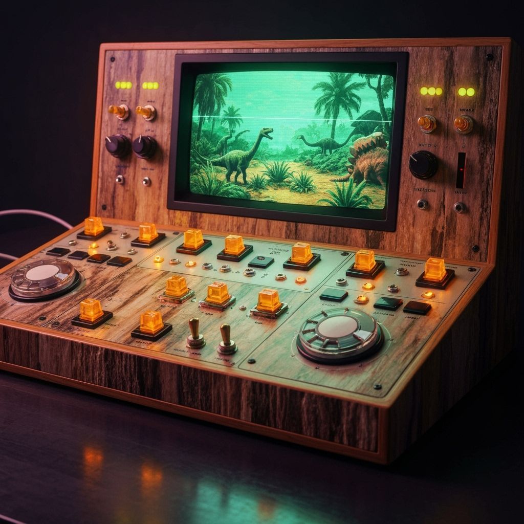 Retro Console Displays Jurassic Landscape in Vaporwave Style