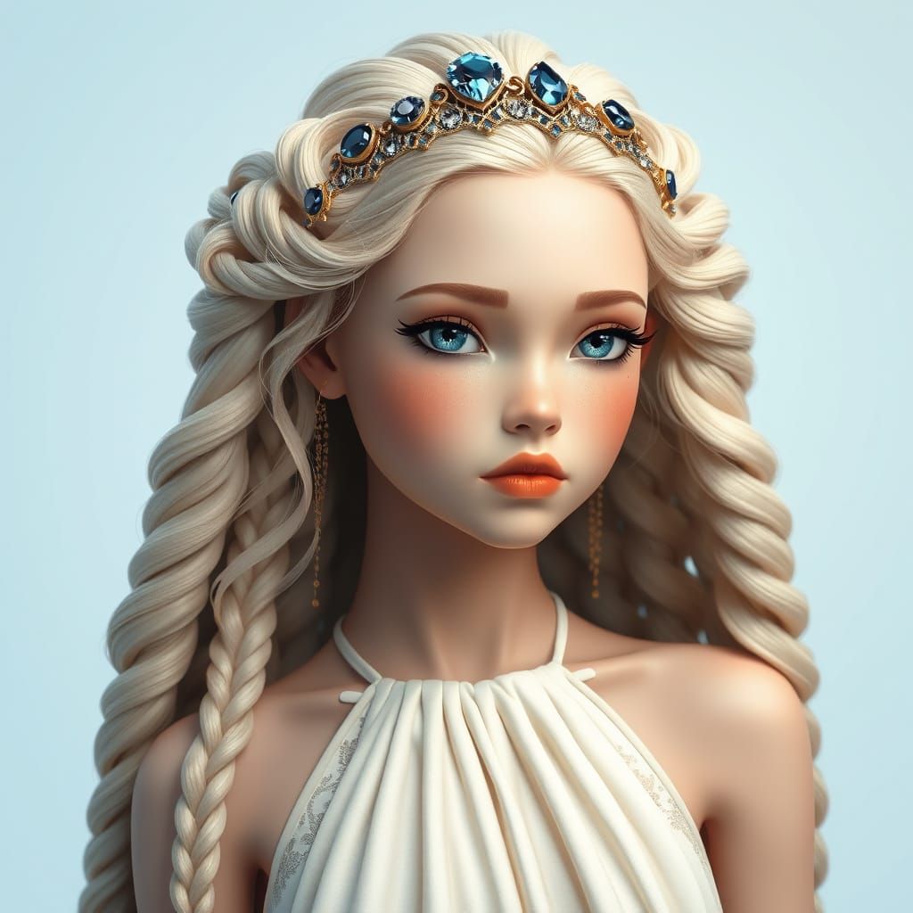 Goddess in Crystal Blue, with Intricately Braided Hair and S...