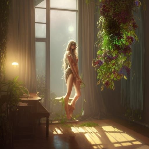 Magical Bedroom with Hanging Plants: Hyperdetailed Portrait