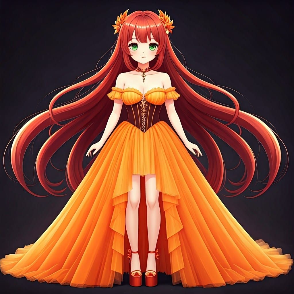 Japanese Anime Model in Vibrant Orange Gown