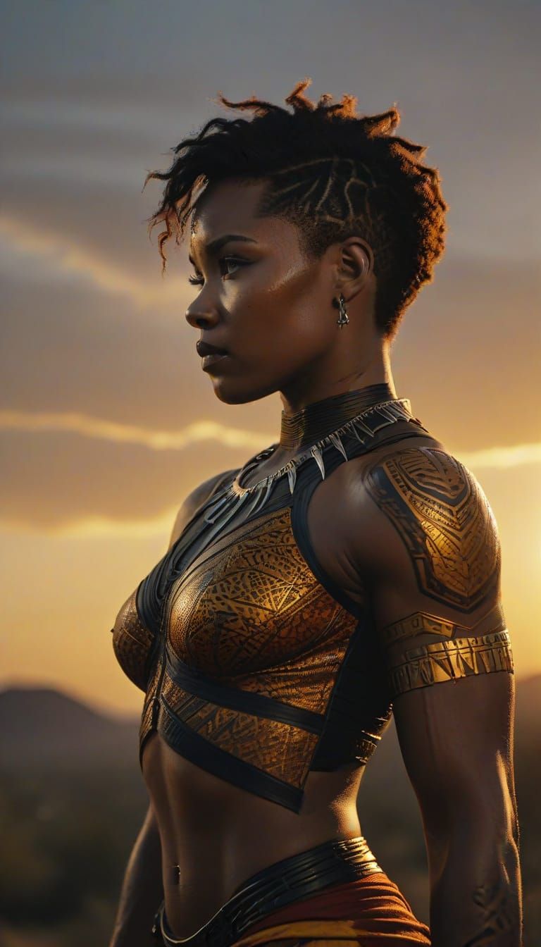 Strong Black Warrior Goddess in Sunset Splendor