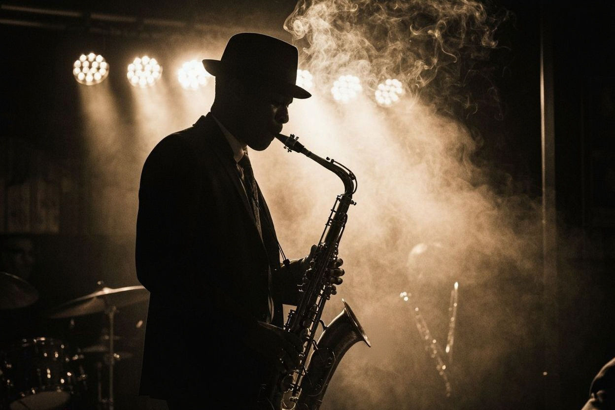 Sepia Jazz Saxophonist in Smoky Club, Film Noir Style
