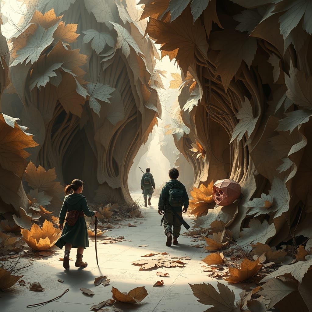 Cinematic Digital Painting of Explorers in a Sketch and Leaf...