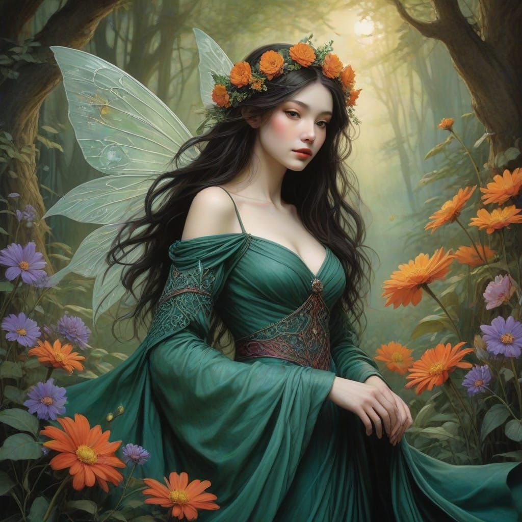 Whimsical Fairy in Lush Floral Forest