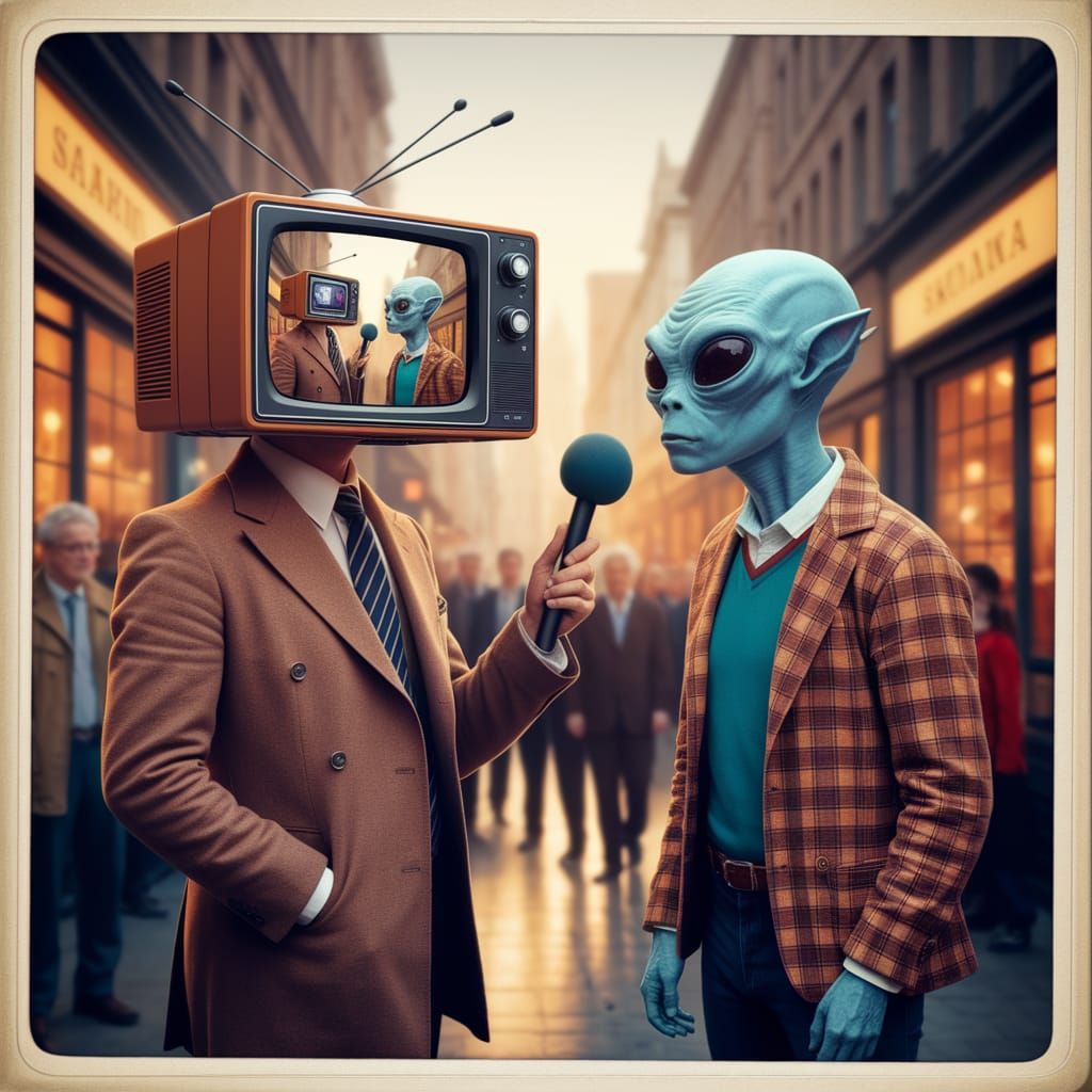 Vintage News Reporter Interviews Alien in Retro 1970s Street...