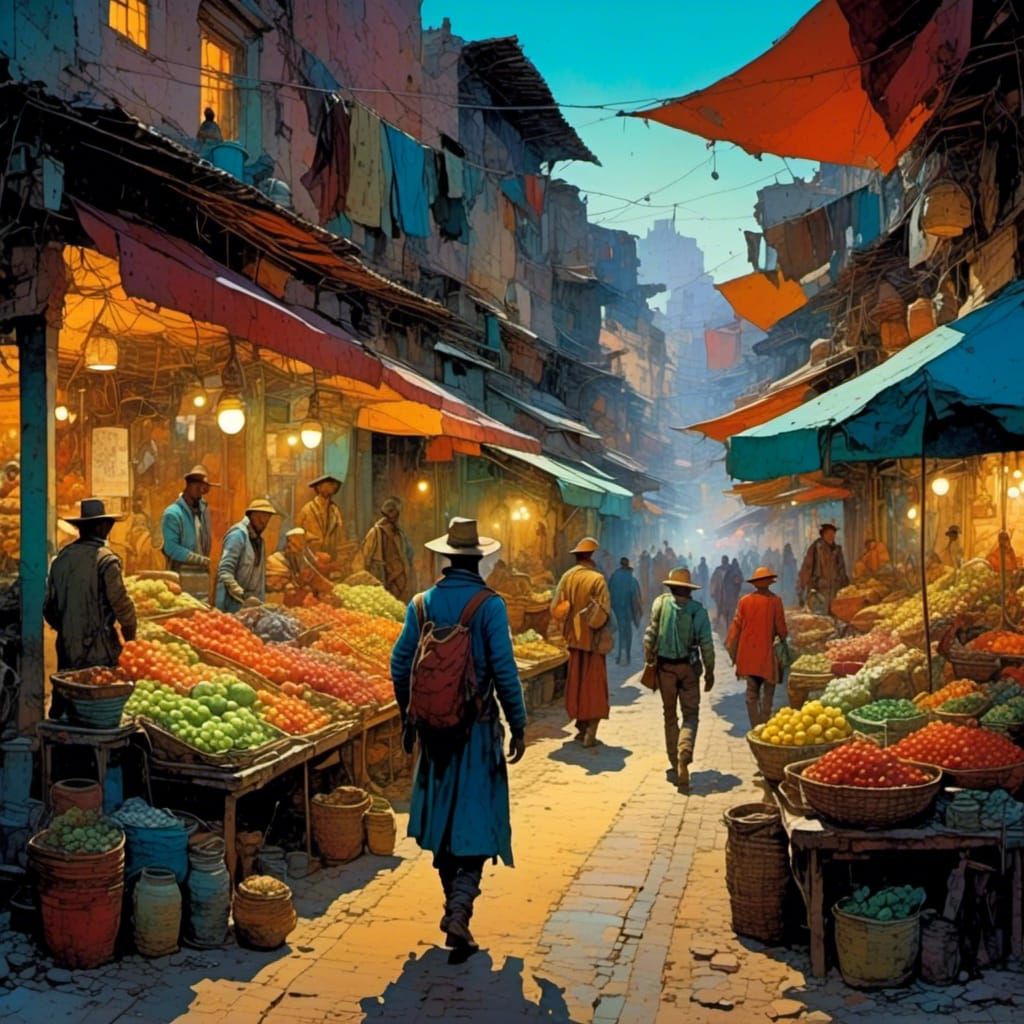 Lone Traveler in Bustling Sci-Fi Twilight Market