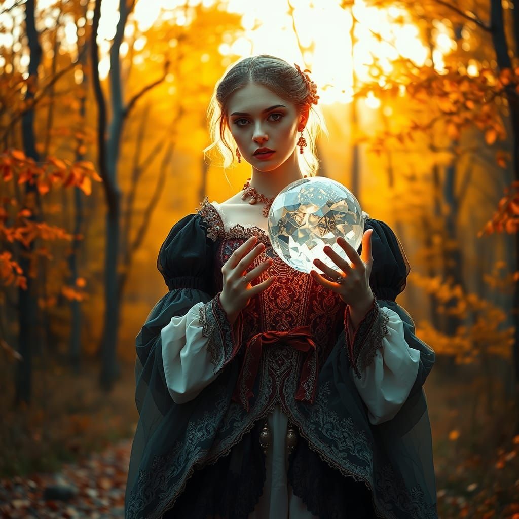Baroque Woman with Crystal Orb in Autumn Forest