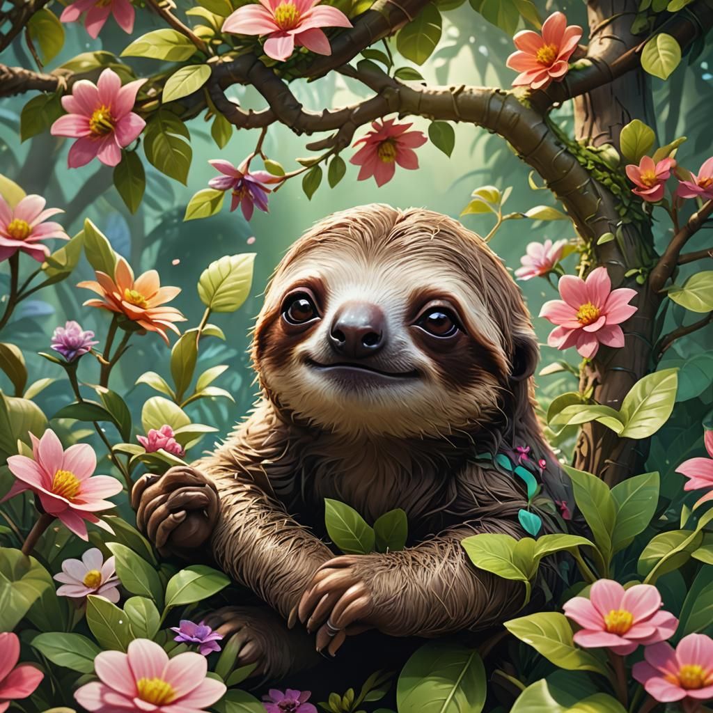 Adorable Baby Sloth in Fantasy Garden Art