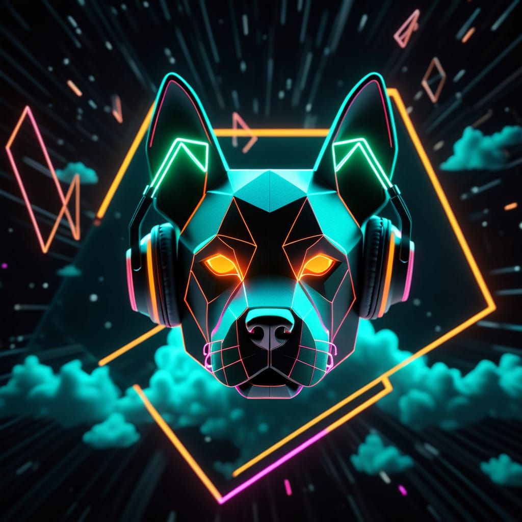 Geometric Dog Logo with Neon Outlines and Headphones