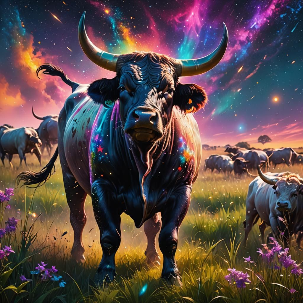 Sweaty Bull Grazing Under Neon Galaxy: Hyperrealistic Splash...