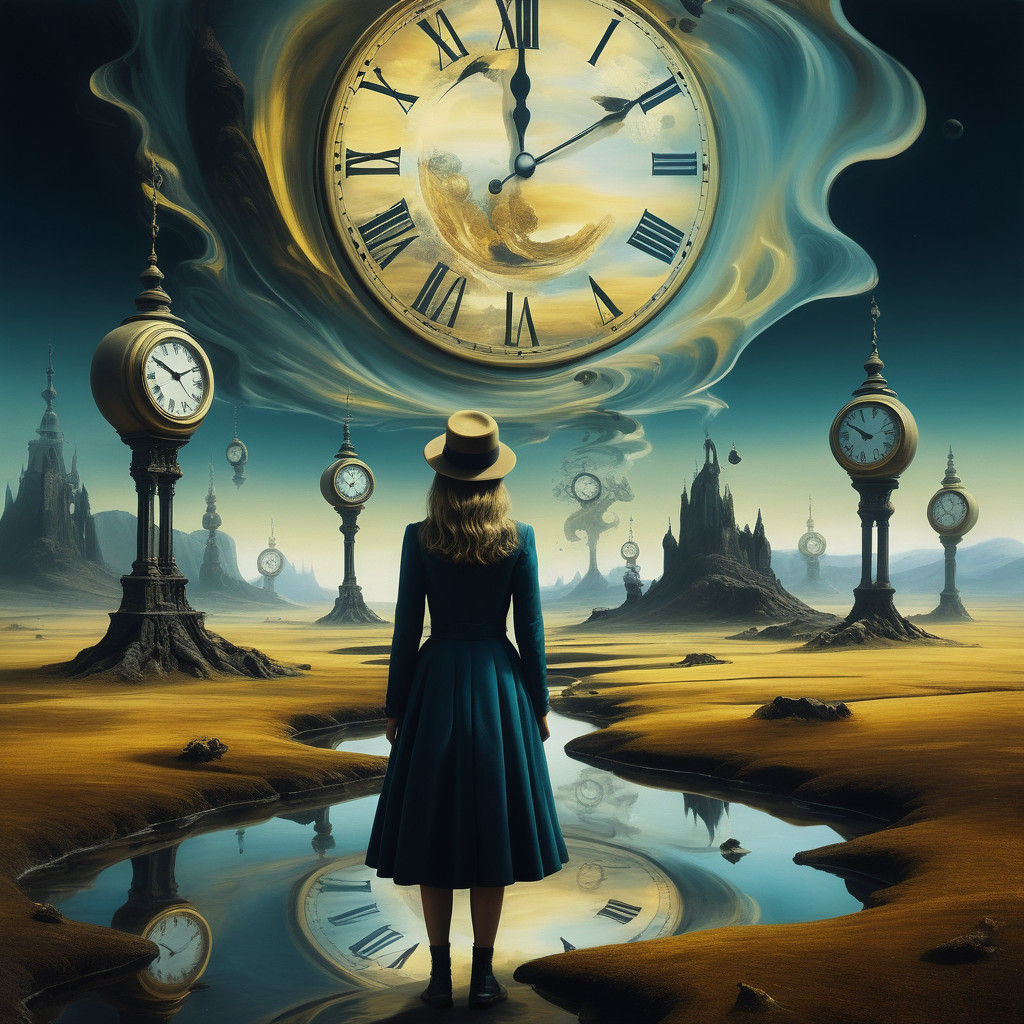 Surreal Oil Painting of Dreamlike Landscape with Melting Clo...