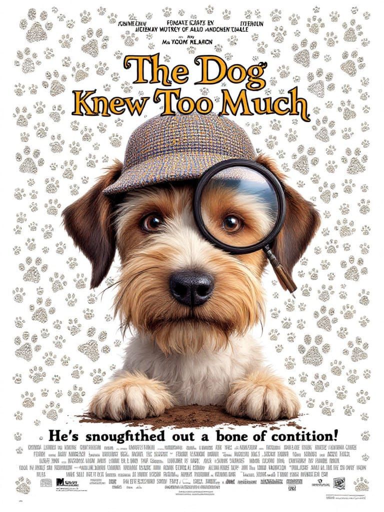The poster features a close-up of a scruffy terrier mutt wearing a Sherlock Holmes-style deerstalker hat slightly askew...