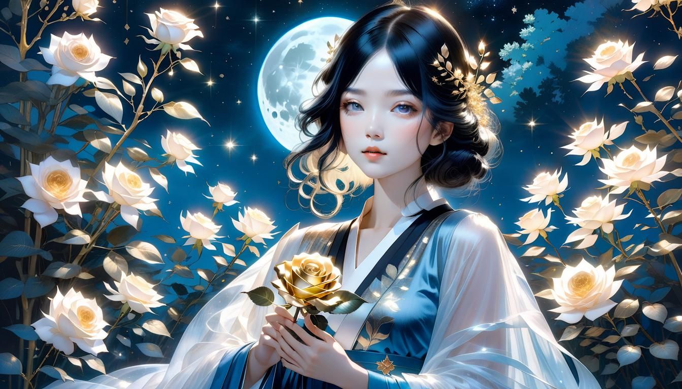 Ethereal Portrait of Girl with Rose in Moonlit Garden
