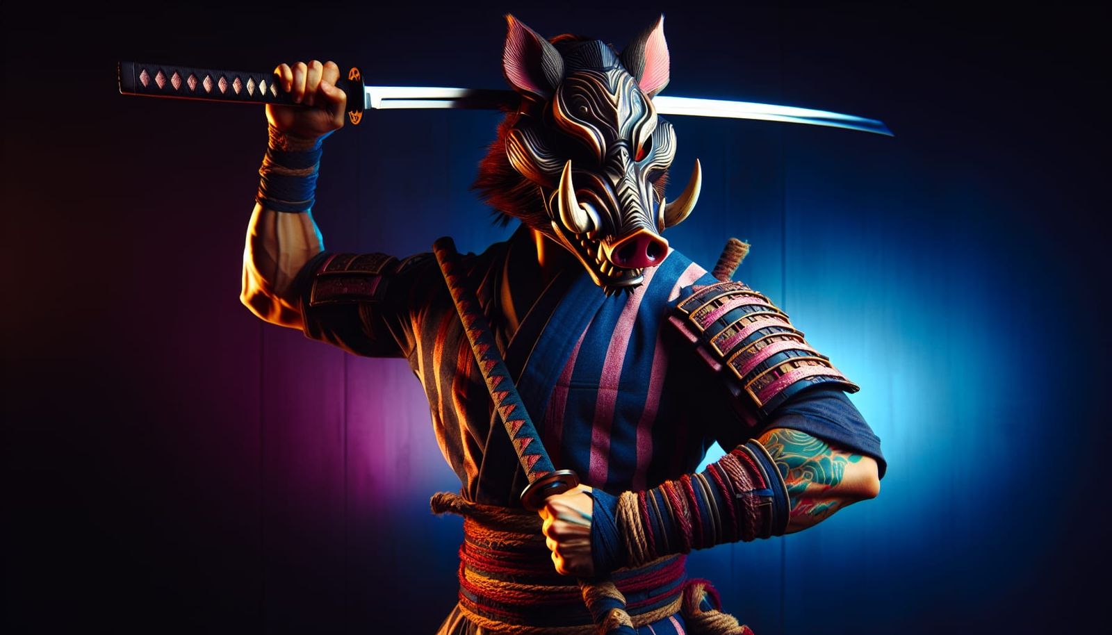 Warrior in Boar Mask Under Midnight Lighting