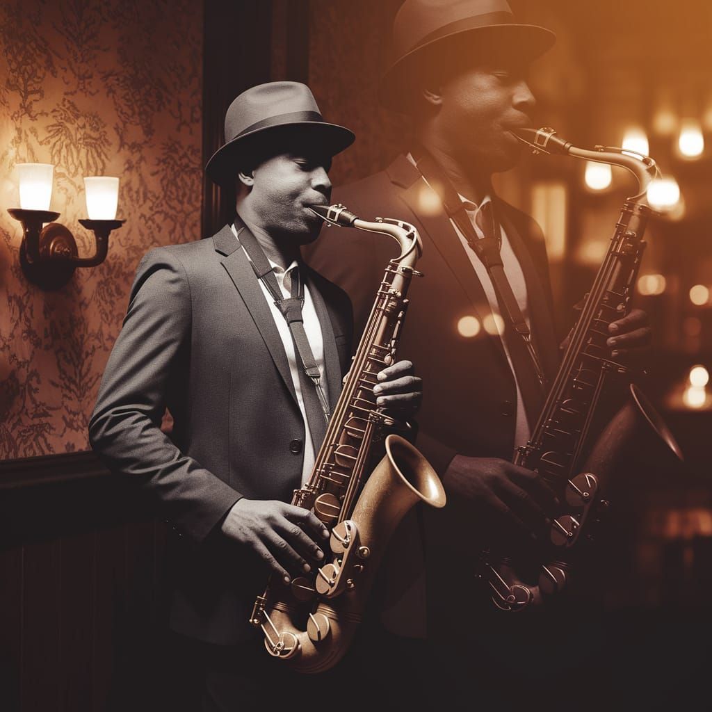 Saxophone Player in 1920s Speakeasy with Double Exposure