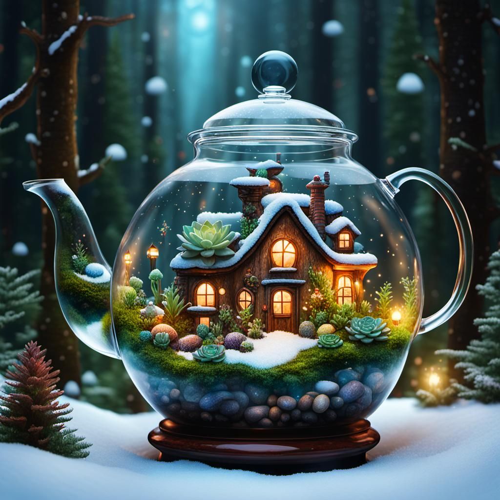Terrarium Teapot in Winter Snow, by Pablo Amaringo