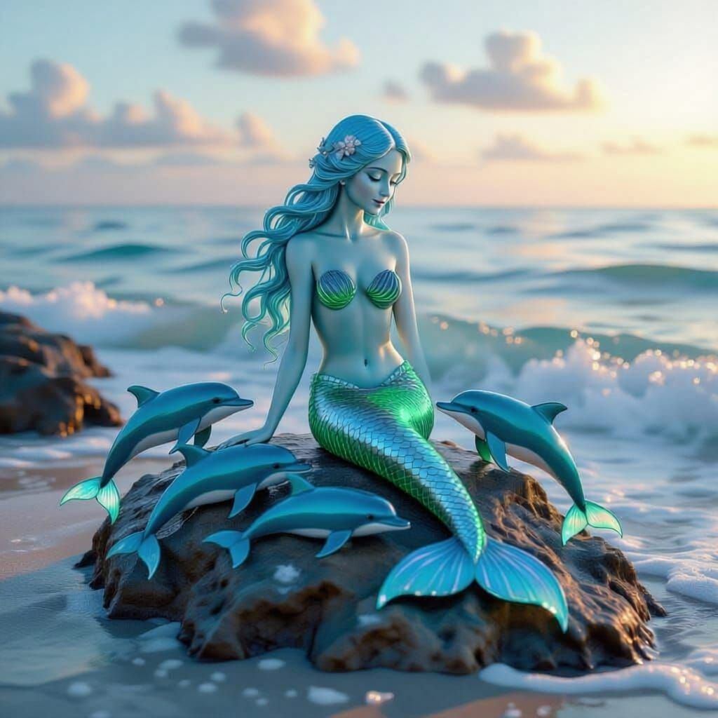 Sea Glass Mermaid Feeds Dolphins by Ocean Edge