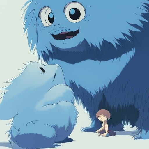 Friendly Blue Monster in Studio Ghibli Anime Style