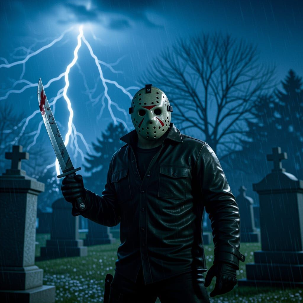 Jason Voorhees in Stormy Cemetery Night