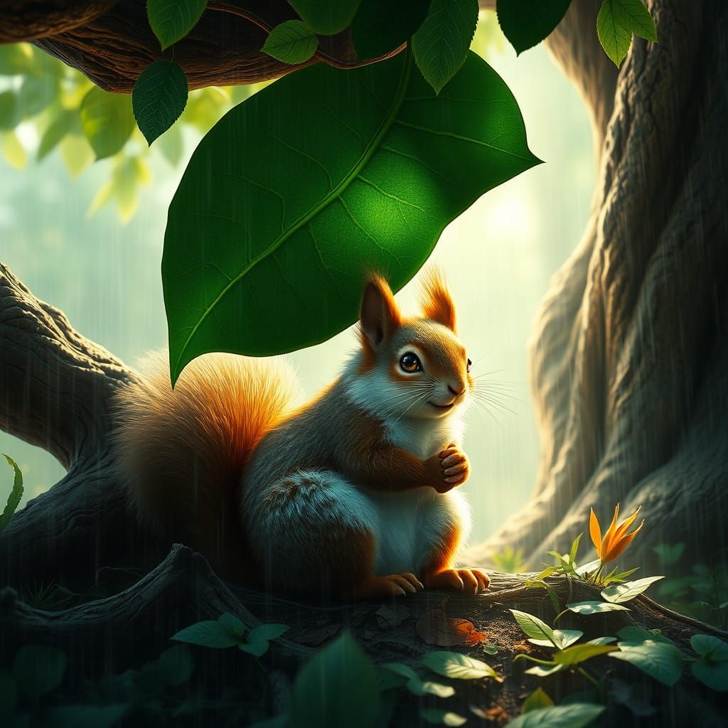 Majestic Squirrel in Emerald Leaf Amidst Rainy Forest Fantas...